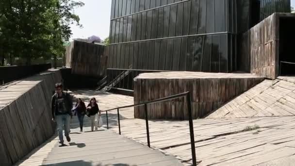 Студенты поднимаются по лестнице — стоковое видео
