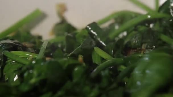Приготовление пищи на сковороде с зеленью — стоковое видео
