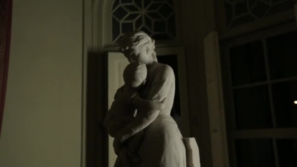 Escultura de una mujer y un bebé por la noche — Vídeo de stock