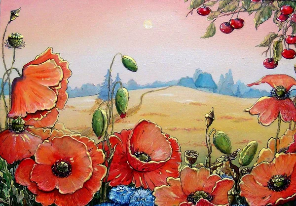 Arte, pintura. Flores no prado — Fotografia de Stock