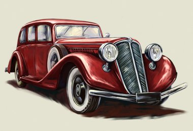 Retro  red car, digital painting clipart