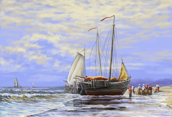 小船渔民在海滩上。数字艺术 — 图库照片