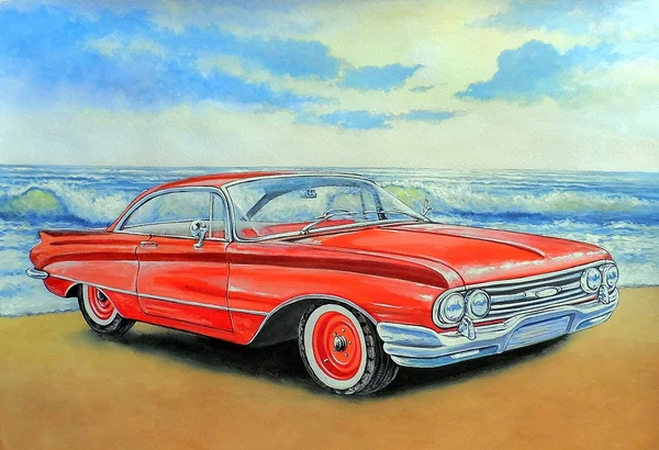 Vermelho retro carro, pintura, aquarela, acrílico — Fotografia de Stock