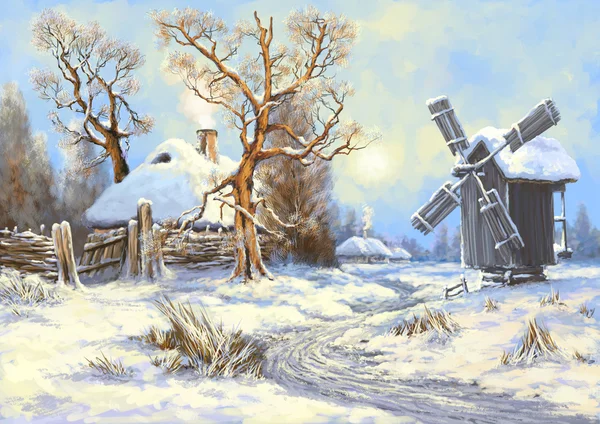 Pejzaż zimowy, malarstwo, sztuka cyfrowa — Zdjęcie stockowe