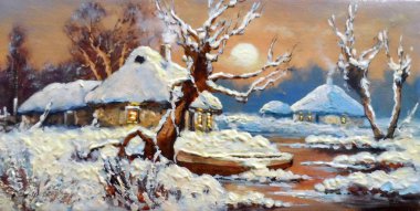 Boyama yağı, illüstrasyon, soğuk, ahşap, orman, izlenimci, nehir, kış