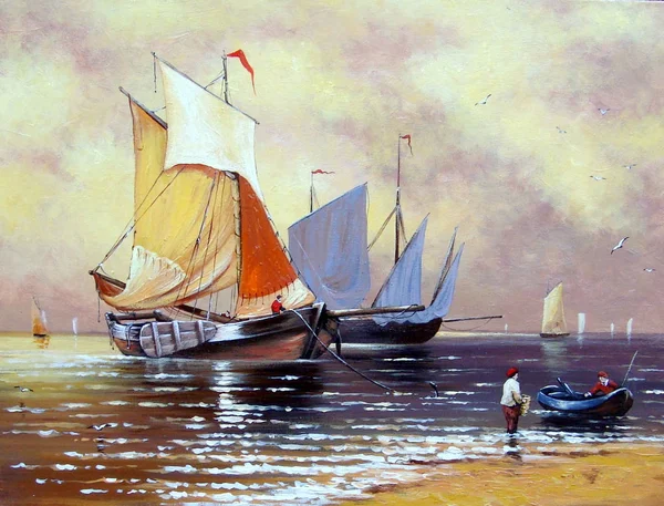 Barca, mare, pesca, pittura ad olio — Foto Stock