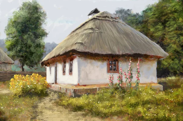 Konst, blommor, ukrainska landskap, hus, målningar — Stockfoto