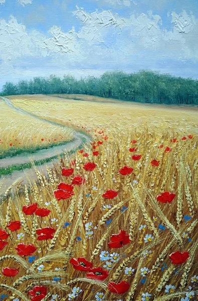 Buğday alan poppies, yağlı boya — Stok fotoğraf