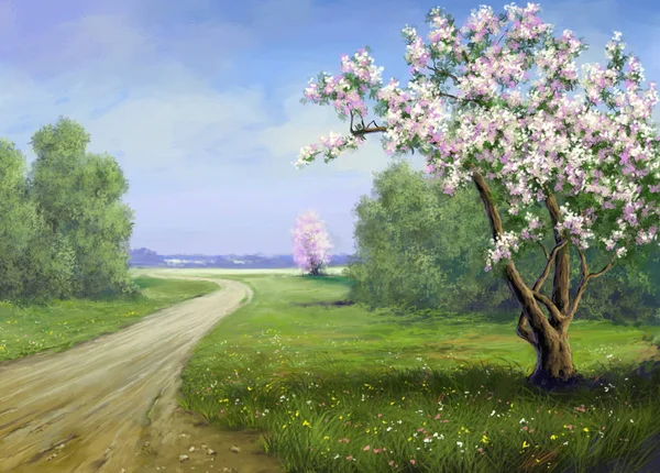 Frühling, Landschaft, Straße, Blumen — Stockfoto