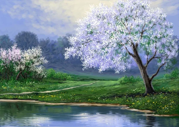 Jaro, krajina, řeka, květiny — Stock fotografie
