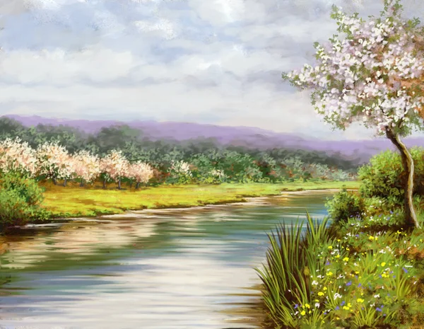 Spring, landscape paintings, river, art — Stock Photo, Image