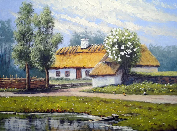 Oliemalerier landskab, flod, ukrainsk landsby . - Stock-foto