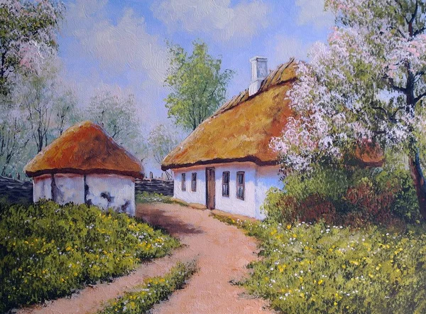 Pinturas a óleo paisagem, aldeia ucraniana, primavera — Fotografia de Stock