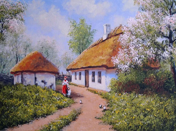 Peintures à l'huile paysage, village ukrainien, printemps — Photo