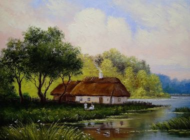 Köy, kırsal yağlı boya peyzaj, Güzel Sanatlar. Nehir.