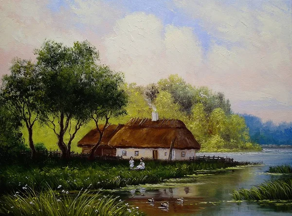 Деревня Пейзаж Сельской Живописи Изобразительное Искусство Река — стоковое фото