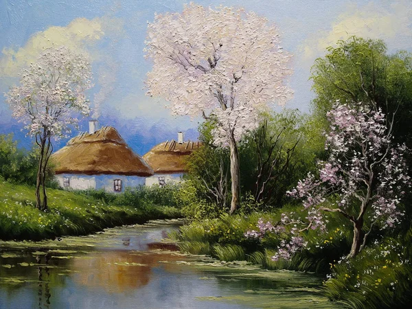 Wieś Wiejskich Olejne Krajobraz Sztuki Wiosna — Zdjęcie stockowe