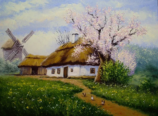 Village Peinture Huile Rurale Paysage Beaux Arts Printemps — Photo