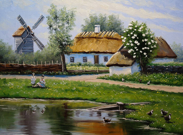 Village, rural oil paintings landscape, fine art. Spring.