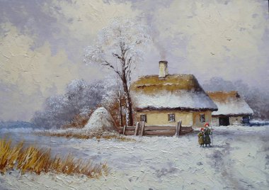 Yağlı boya peyzaj, kış, köy, Güzel Sanatlar