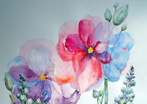 Λουλούδια Ακουαρέλα Καλών Τεχνών Χαρτί — Φωτογραφία Αρχείου