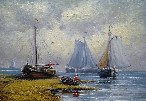 Картины Маслом Морской Пейзаж Рыбак Изобразительное Искусство Лодки Корабли — стоковое фото