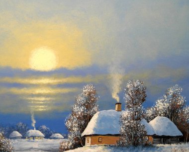 Yağ tabloları, eski köy, karlı ağaçlı kış manzarası ve donmuş nehir. Güzel sanatlar.