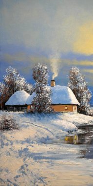 Yağ tabloları, eski köy, karlı ağaçlı kış manzarası ve donmuş nehir. Güzel sanatlar.