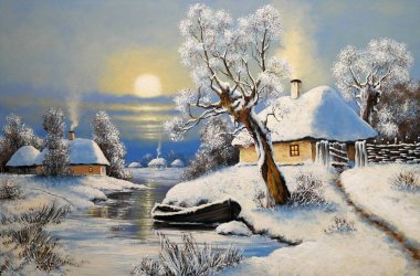 Картина, постер, плакат, фотообои "живопись маслом сельский пейзаж, зимний пейзаж с деревьями и снегом, лодка в реке. изобразительное искусство
. картина цветы все", артикул 332429606