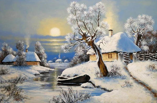 Oil Paintings Rural Landscape Winter Landscape Trees Snow Boat River — Stock Photo, Image