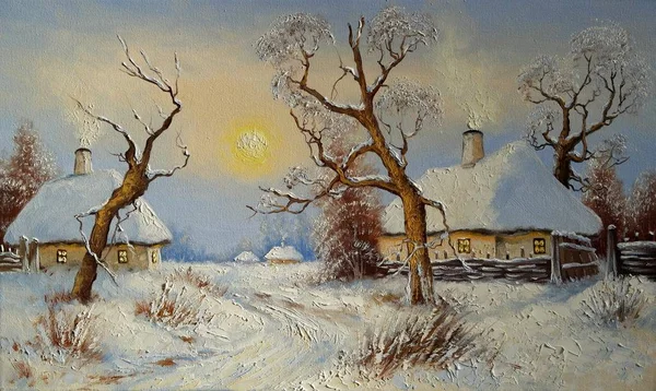 Pinturas Óleo Paisaje Rural Paisaje Invierno Con Árboles Nieve Antiguo —  Fotos de Stock