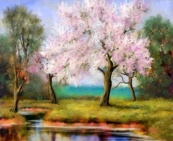 Digital paintings spring landscape, tree in bloom