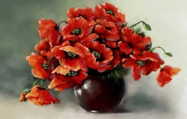 Paintings Still Life Poppies Red Flowers Vase Fine Art — 스톡 사진