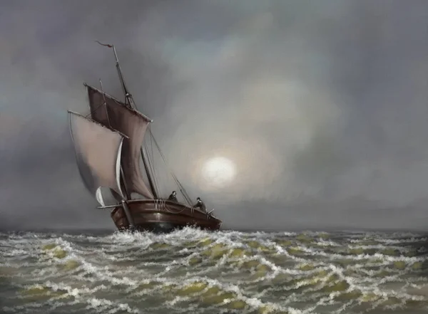Schilderijen Zee Landschap Zeilboot Zee Bij Zonsondergang Schone Kunst — Stockfoto