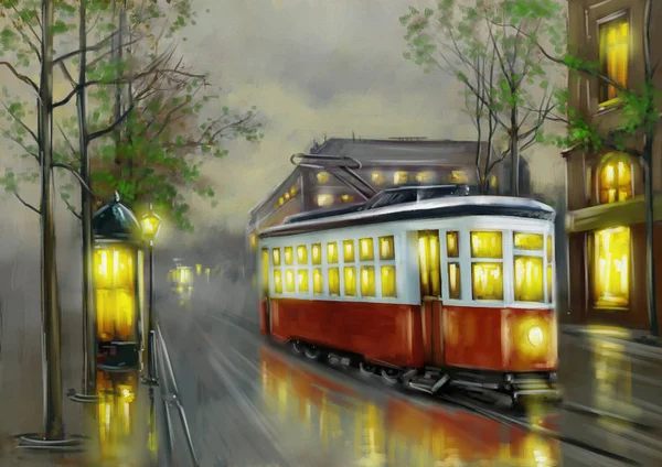 Paintings Landscape Old Tram City Fine Art — Stock Photo, Image