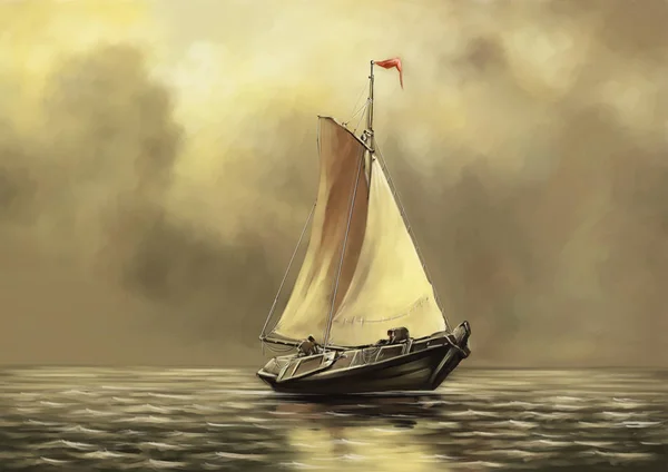 Paintings sea landscape, sailing ship at sunset. Fine art.