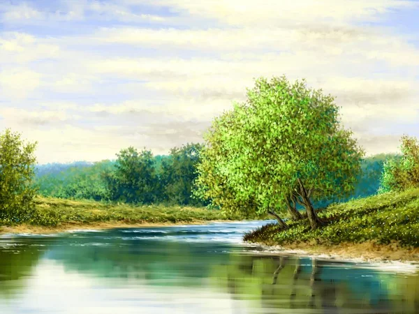 Cyfrowe Obrazy Olejne Krajobraz Drzewo Brzegu Rzeki Jeziora Sztuka Piękna — Zdjęcie stockowe