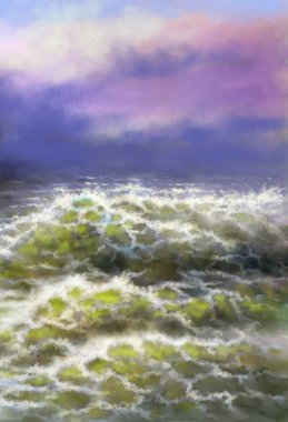 Dijital yağlı boya tabloları, deniz ve mavi gökyüzü. Güzel sanatlar.