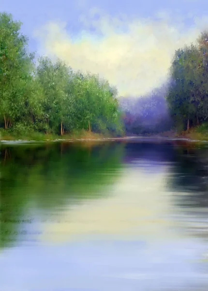 Digital oil paintings landscape, river. Fine art.