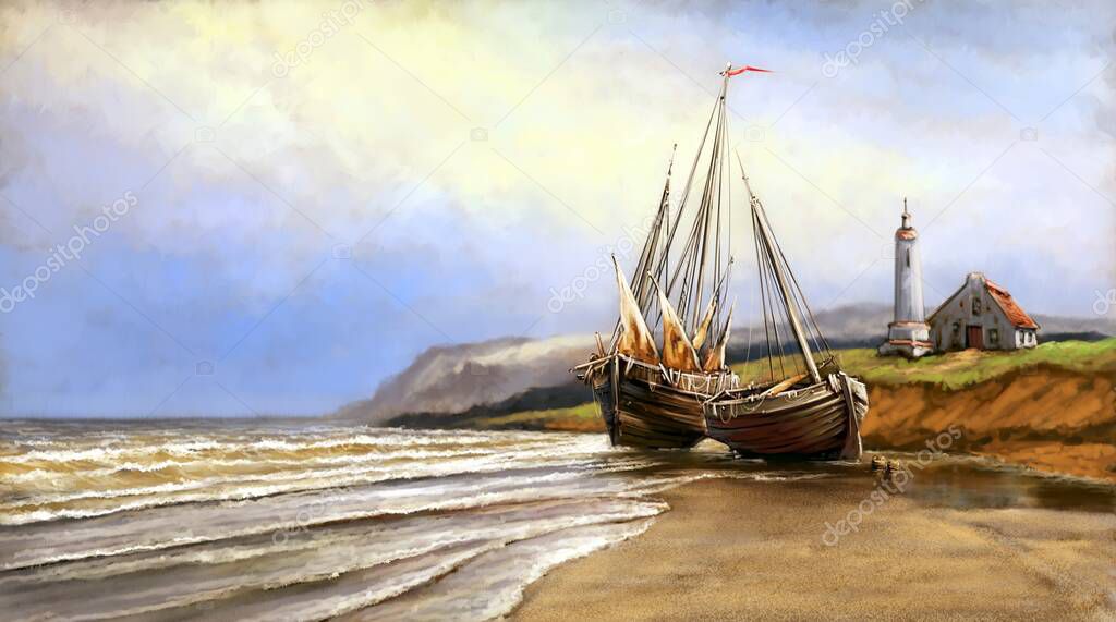 Digital oil paintings sea landscape, fisherman, sailing ship in the sea. Fine art.