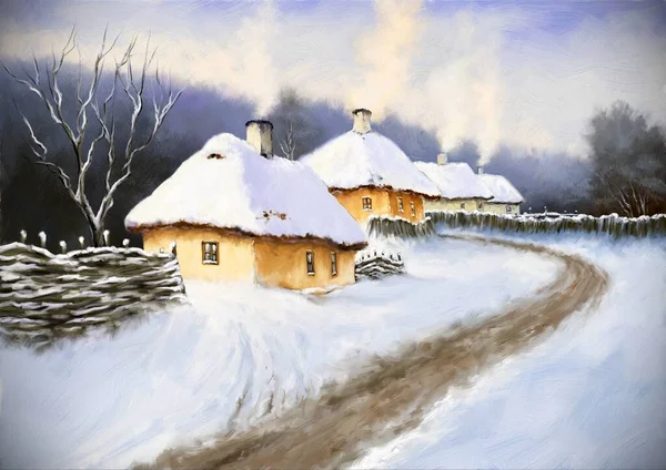 油絵農村風景 雪の中に古い家 美術品 — ストック写真