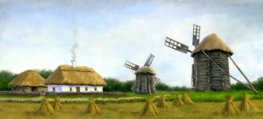 Petrol resimleri, kırsal alan, eski köy, kırsal kesimde eski yel değirmeni. Güzel sanatlar, sanat eserleri.