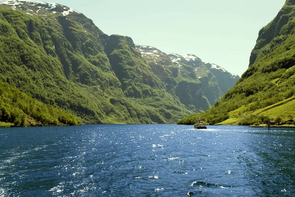 Yeşil dağlar ve şelaleler Sognefjord İskandinavya. Norveç