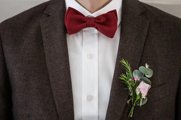 Tie Butterfly close-up. Wedding groom suit