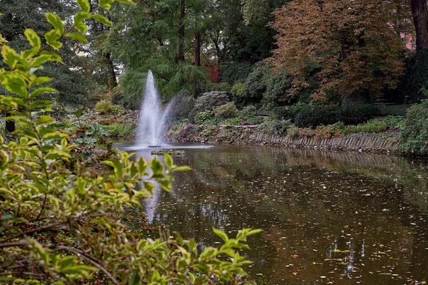 Beroemde fontein in prachtige Japanse tuin in de botanische tuin van Wroclaw, Polen. Stad landschap. — Stockfoto