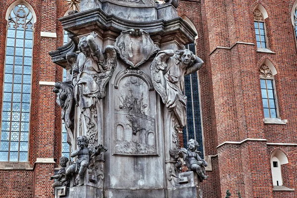 John of Nepomuk ( St John Nepomucen) monument on square of Collegiate church of the Holy cross and St Bartholomew in Ostrow Tumski, Wroclaw, Poland