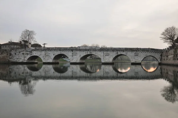 Ponte Tiberio Que Significa Ponte Tibério Aka Ponte Augusto Rimini — Fotografia de Stock