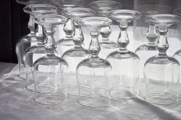 Many Empty Wine Water Glasses Restaurant Table — Stock Photo, Image