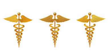 Altın tıbbi Caduceus sembolü. 3D render