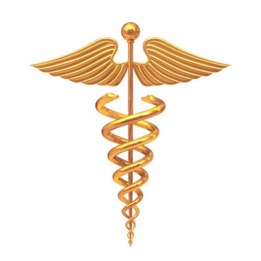 Altın tıbbi Caduceus sembolü. 3D render